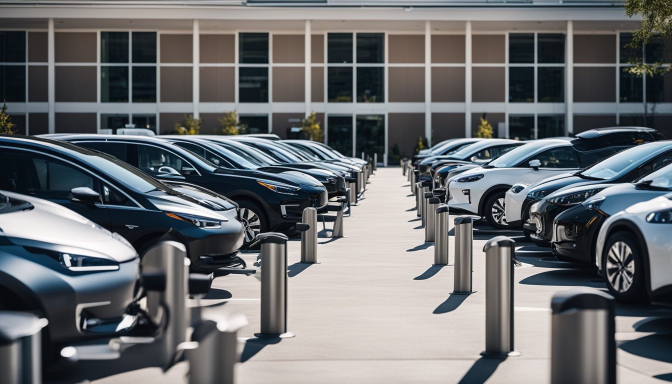 An office building parking lot filled with electric vehicles charging at multiple EV charging stations