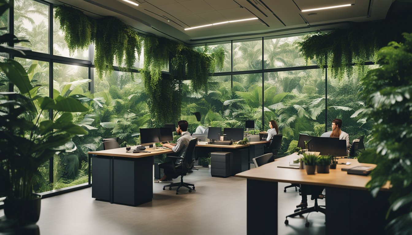 An office building surrounded by lush greenery, with employees working from home in a cozy, eco-friendly environment