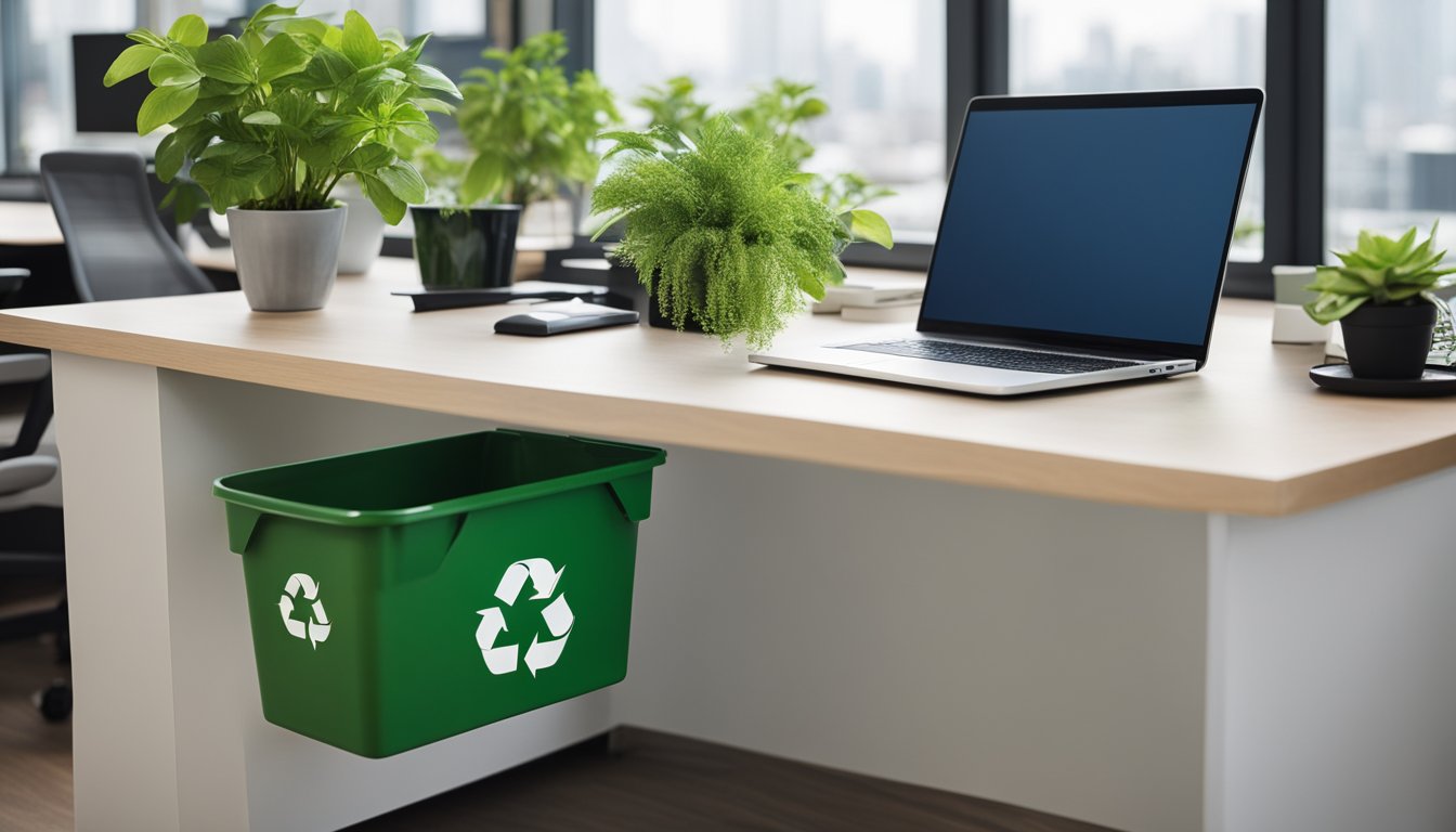 An office desk with a laptop, potted plant, and recycling bin. A window shows a green landscape