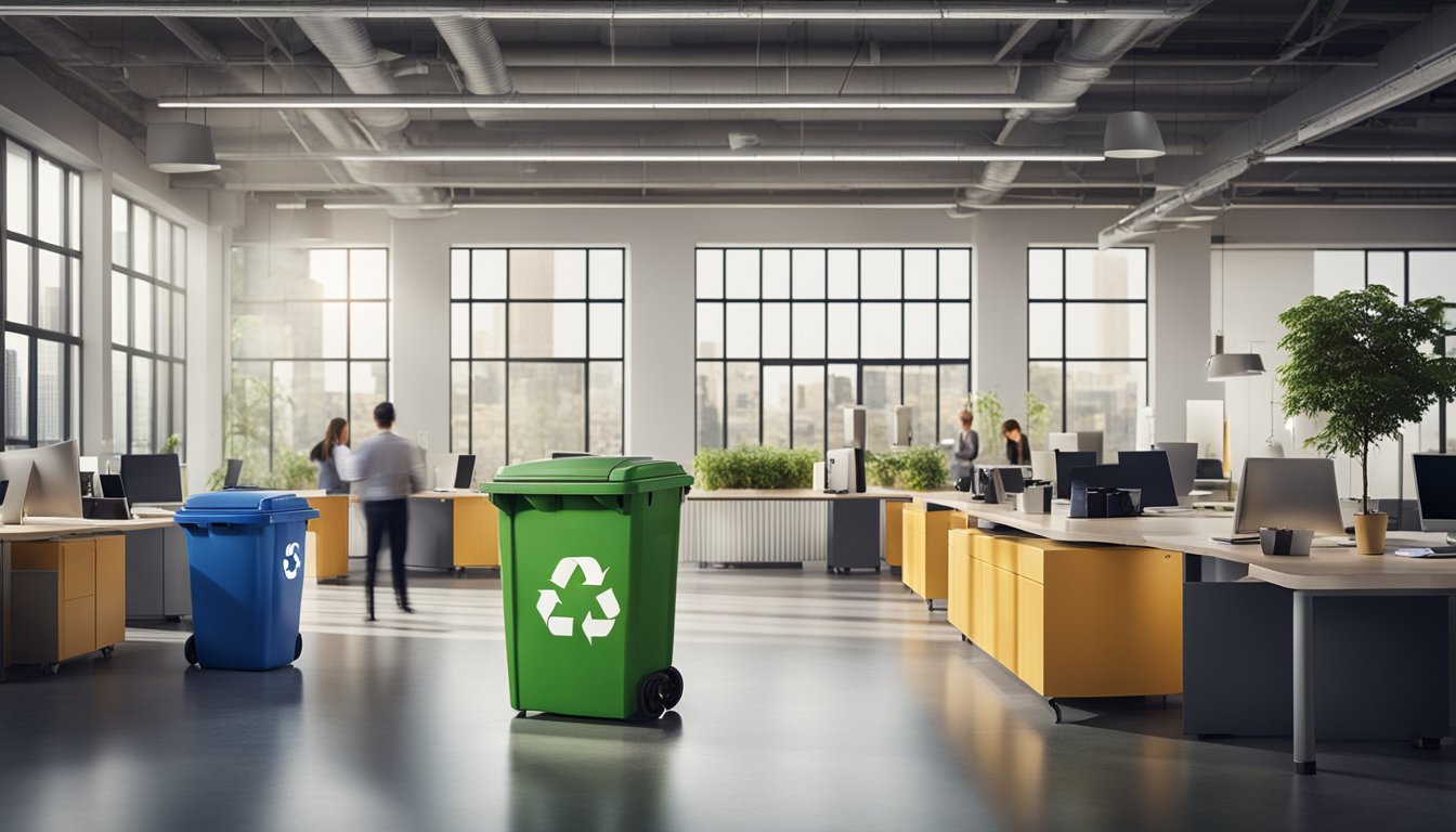 An office scene with recycling bins, energy-efficient lighting, and employees using reusable mugs and water bottles