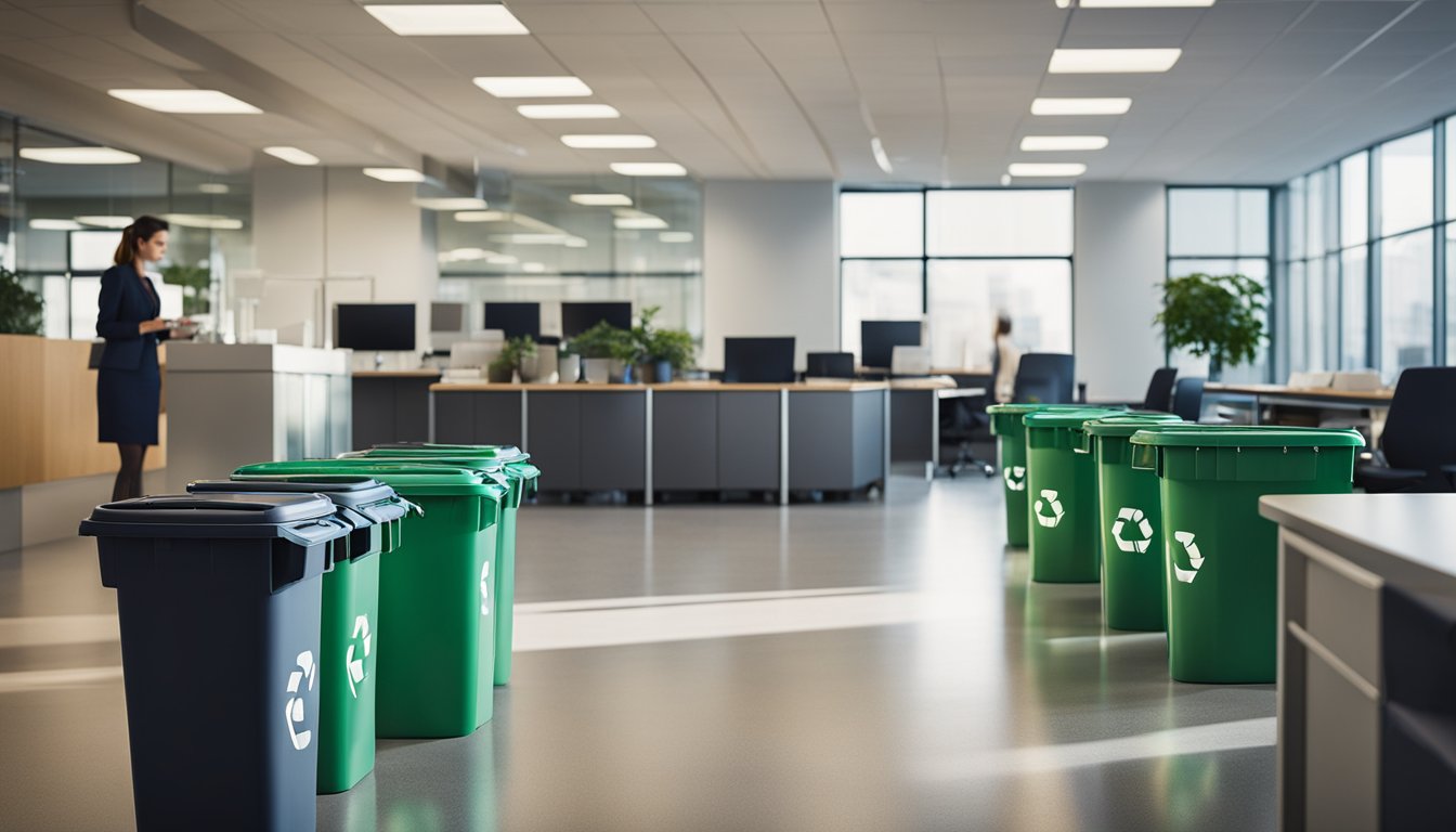 An office setting with recycling bins, energy-efficient lighting, and employees using reusable cups and utensils