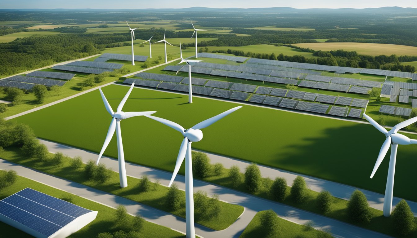 A lush green landscape with wind turbines and solar panels dotting the horizon, while sustainable buildings and electric vehicles fill the streets