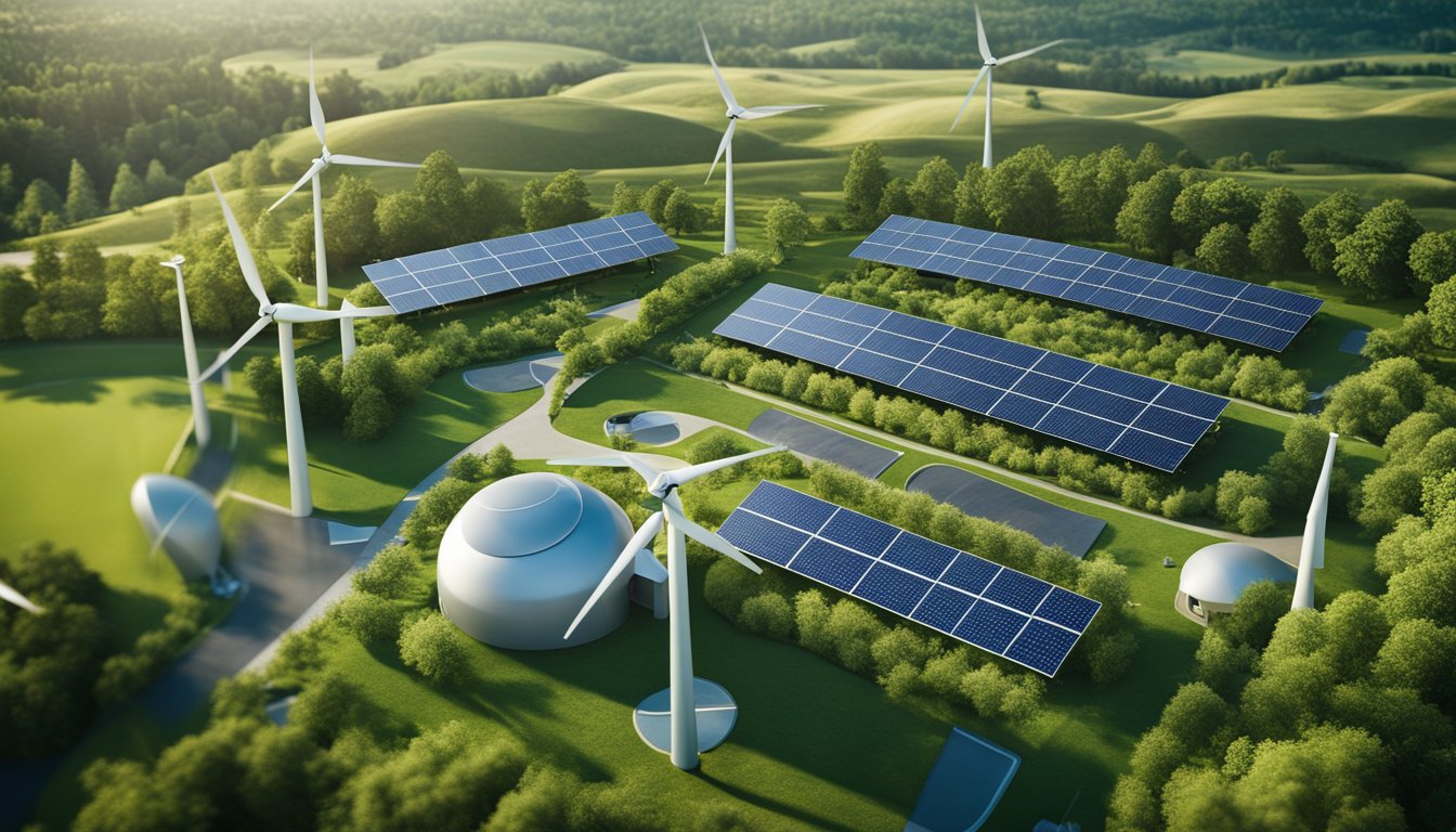 A lush green landscape with wind turbines and solar panels, surrounded by eco-friendly buildings and sustainable infrastructure