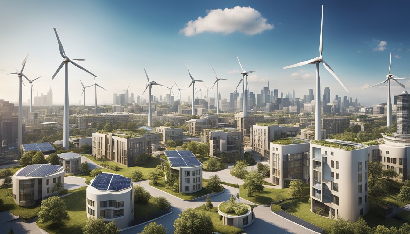 A bustling city skyline with a mix of traditional and modern buildings, featuring wind turbines and solar panels integrated into the architecture