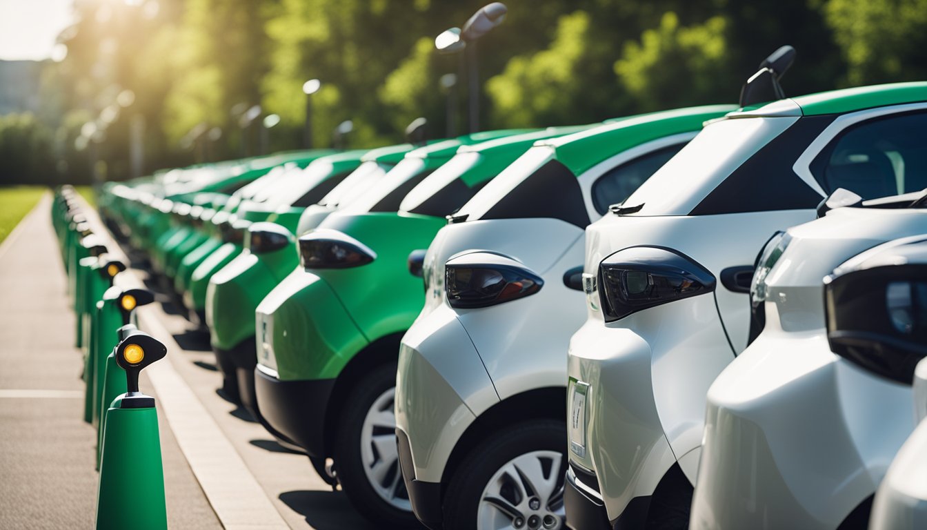 A fleet of electric and hybrid vehicles parked in a row, with charging stations and solar panels in the background, surrounded by greenery and clean air