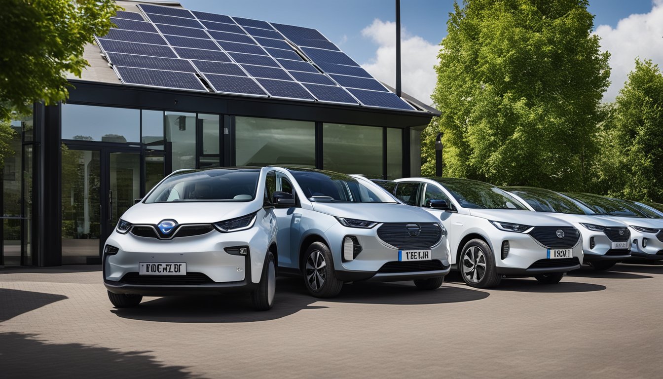 A fleet of electric vehicles parked outside a UK business, with solar panels on the roof and green landscaping around the building