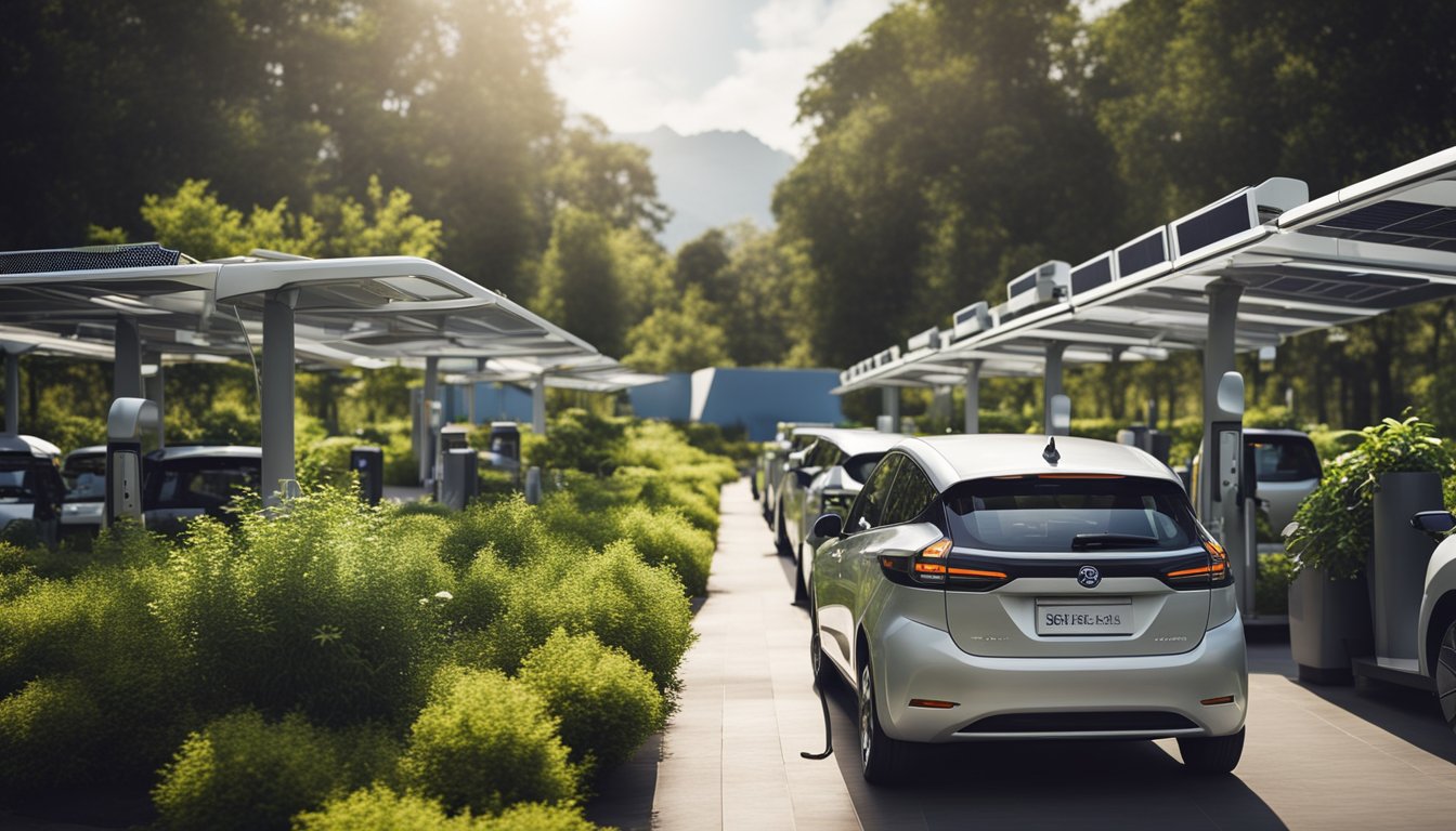 A fleet of electric vehicles parked at a charging station, surrounded by greenery and solar panels