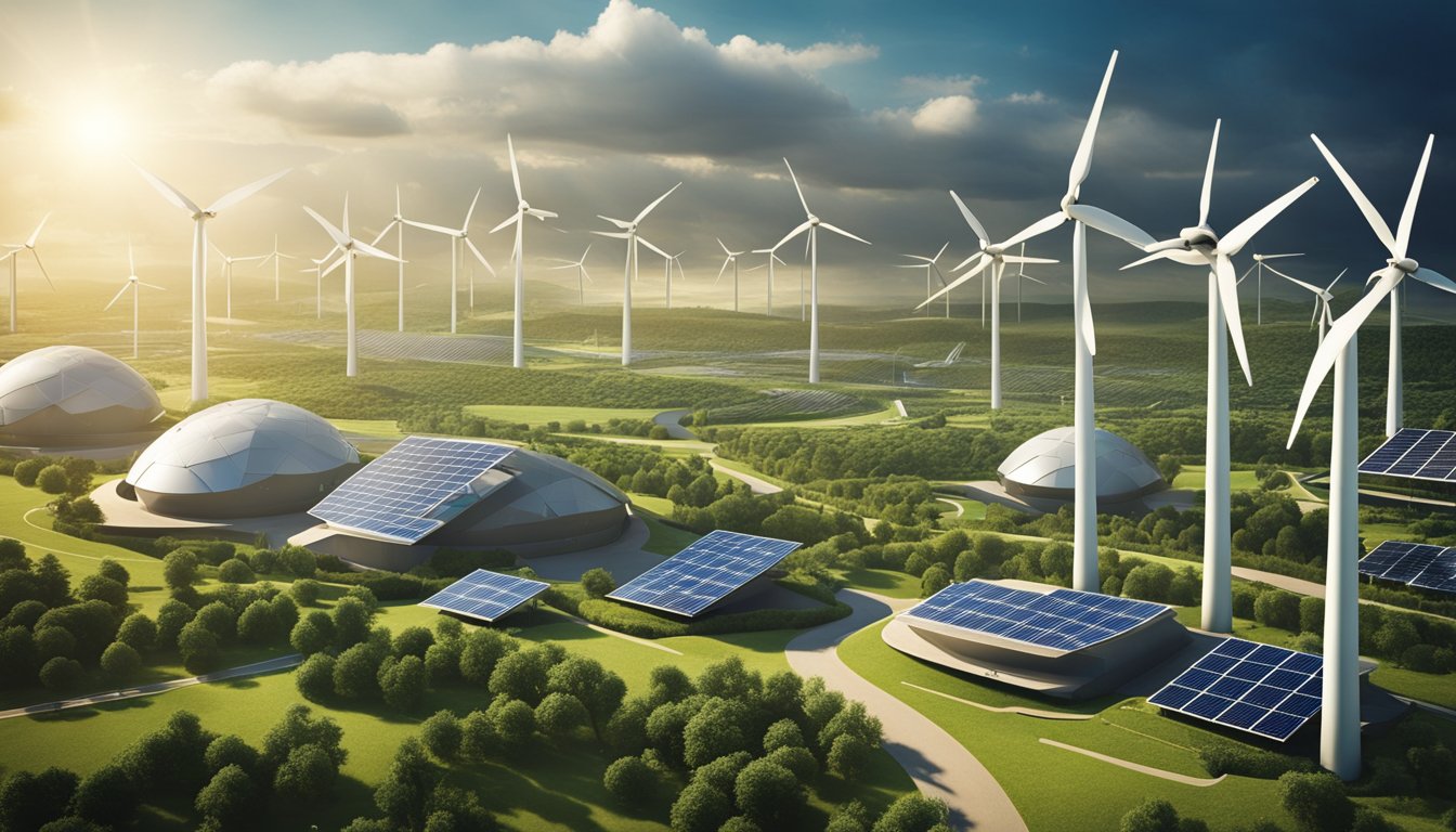 A futuristic landscape with wind turbines, solar panels, and other renewable energy technologies integrated into the urban environment