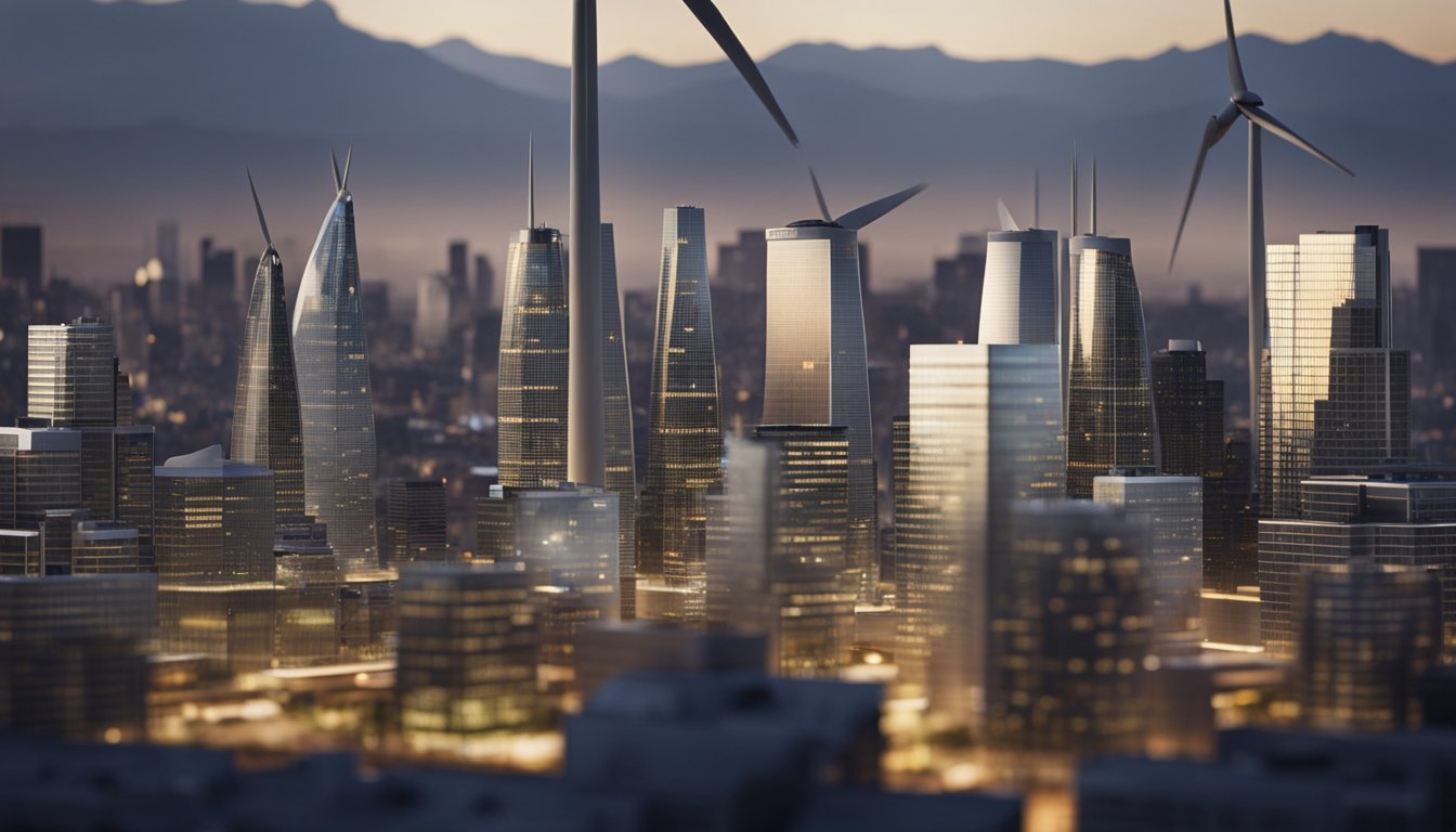 A bustling city skyline with solar panels and wind turbines integrated into the architecture, while government officials and business leaders discuss renewable energy initiatives