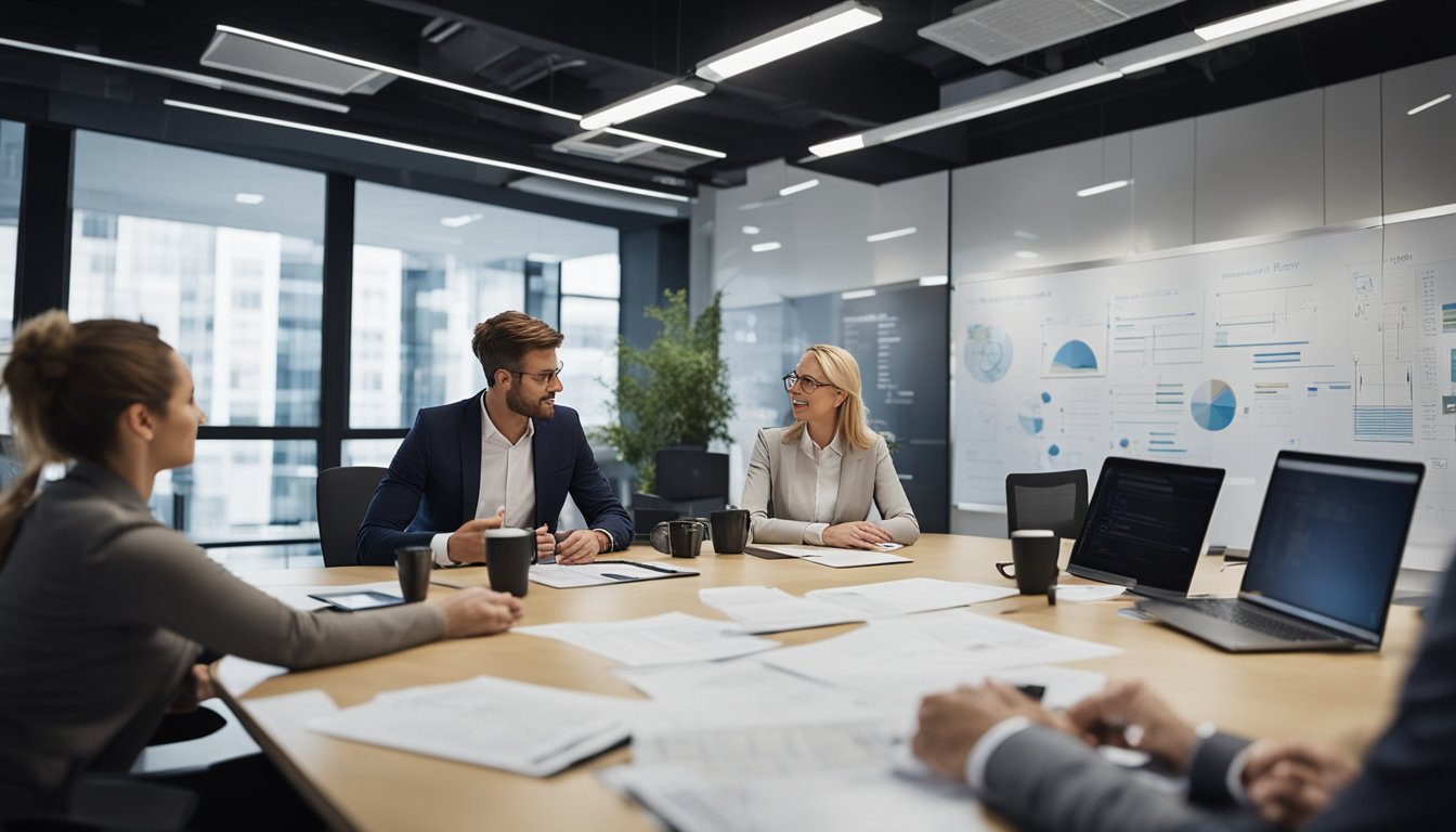 A bustling office with employees discussing and brainstorming new renewable energy ideas for UK businesses. Charts and diagrams cover the walls, showing various innovative concepts