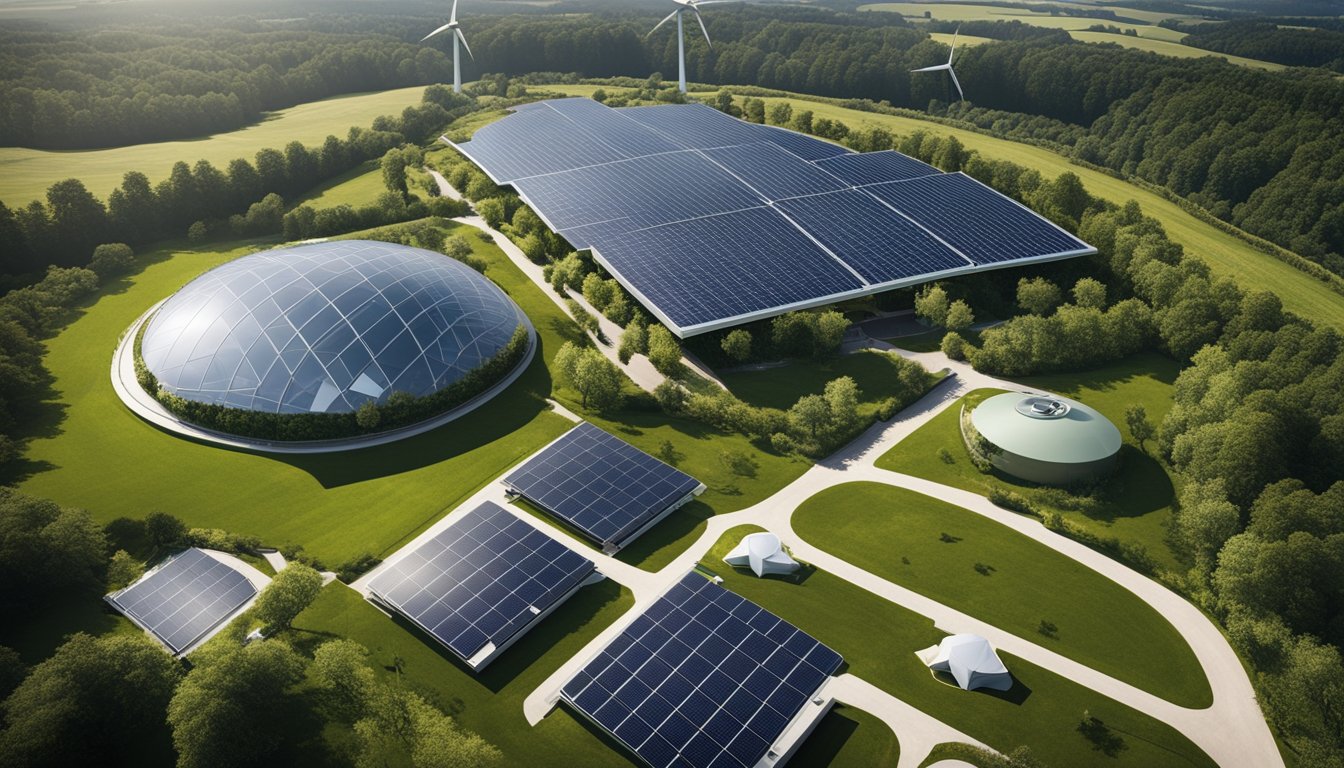 A lush green landscape with a modern office building surrounded by solar panels and wind turbines, symbolizing sustainable business practices in the UK