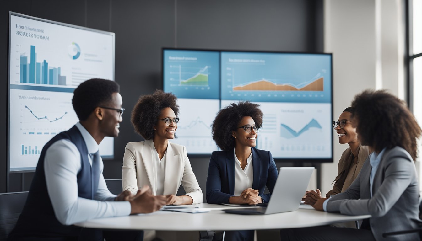 A diverse group of business professionals discussing sustainability policies in a modern office setting with charts and graphs displayed on a large screen