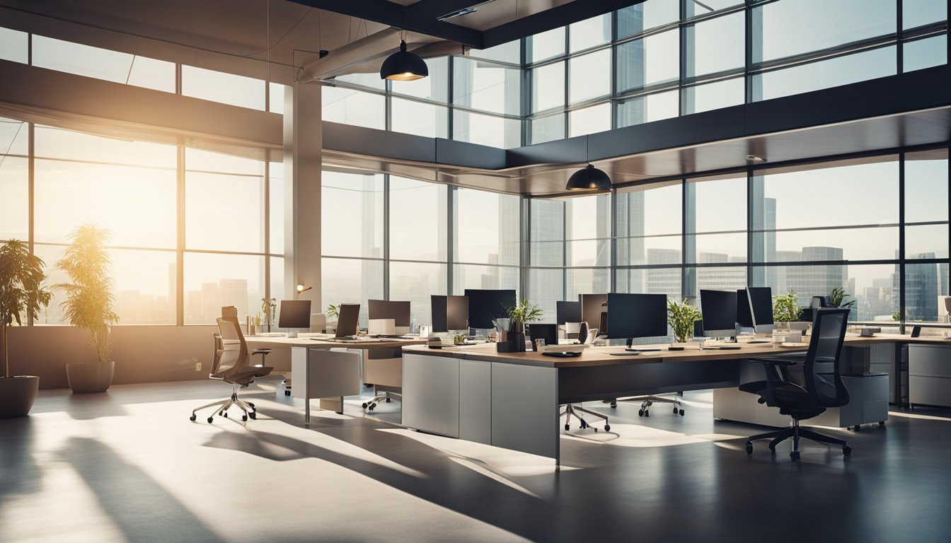 A modern office with energy-efficient lighting, solar panels, and smart thermostats. Employees working at their desks with natural light streaming in through large windows