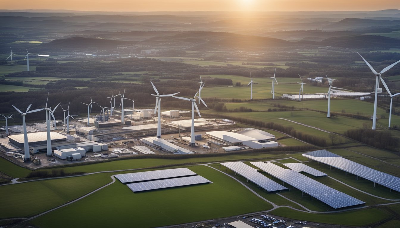 A landscape with wind turbines and solar panels, surrounded by business buildings and factories, symbolizing the integration of renewable energy into UK business growth