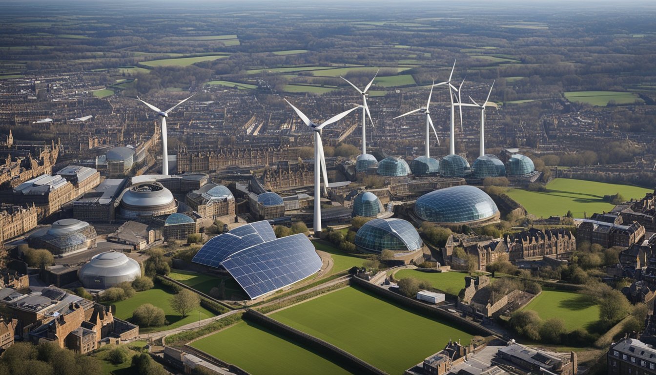 A bustling UK city skyline with wind turbines and solar panels integrated into the buildings and infrastructure