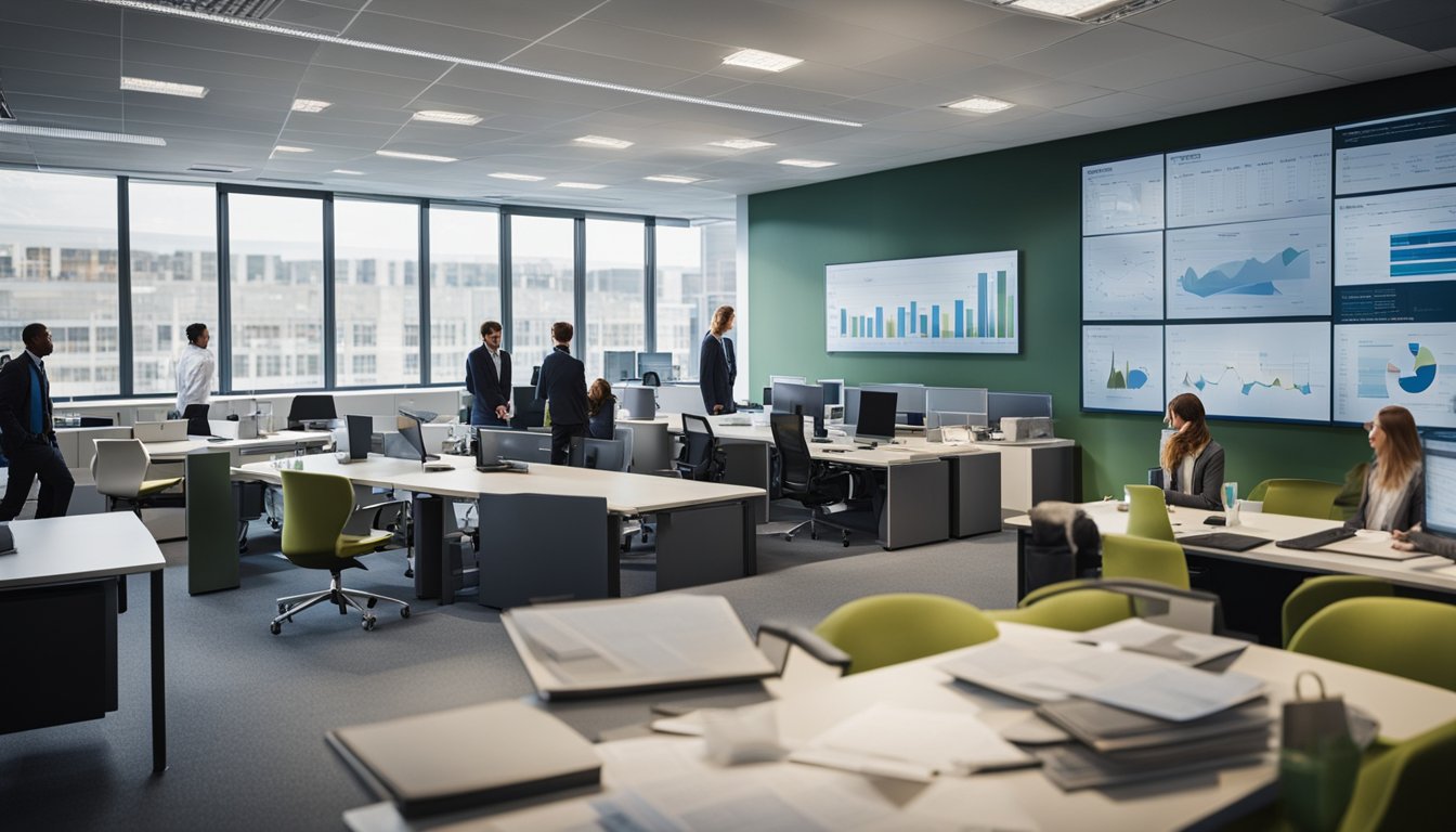 A bustling office with employees discussing carbon offset strategies. Charts and graphs on the walls, and a map of the UK in the background