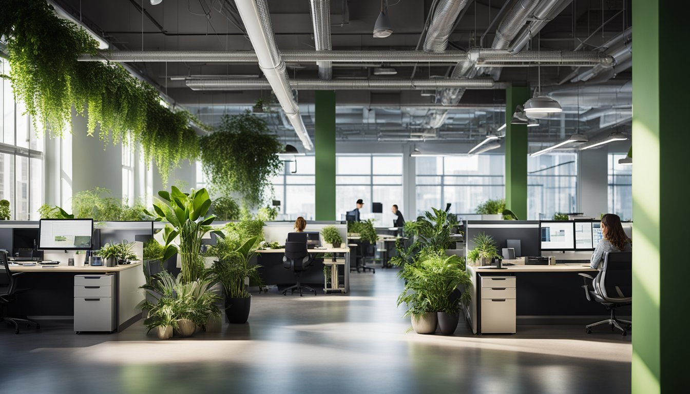 A modern office space with natural light streaming in through large windows, illuminating green lighting fixtures. Employees work at their desks, surrounded by plants and energy-efficient lighting