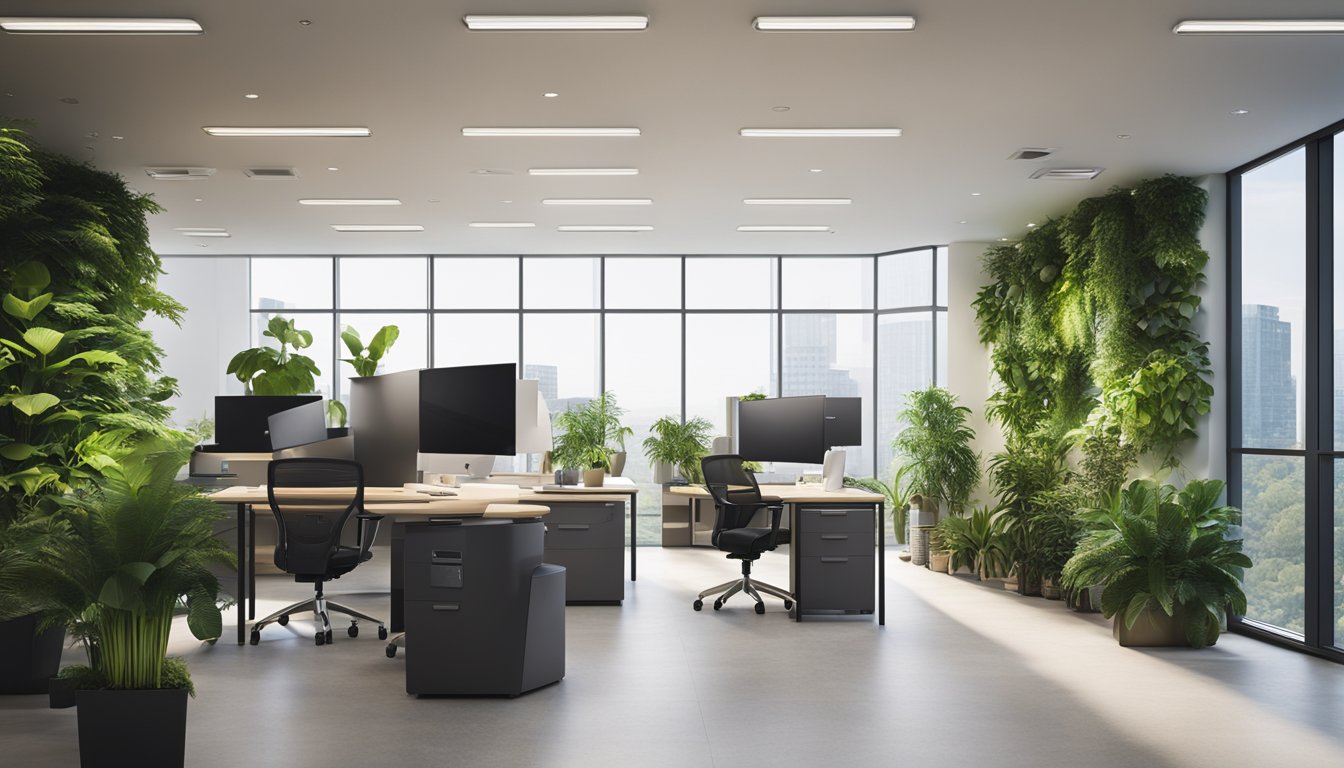 An office space with energy-efficient LED lighting, natural light from large windows, and motion-sensor controls. Plants and greenery incorporated into the design