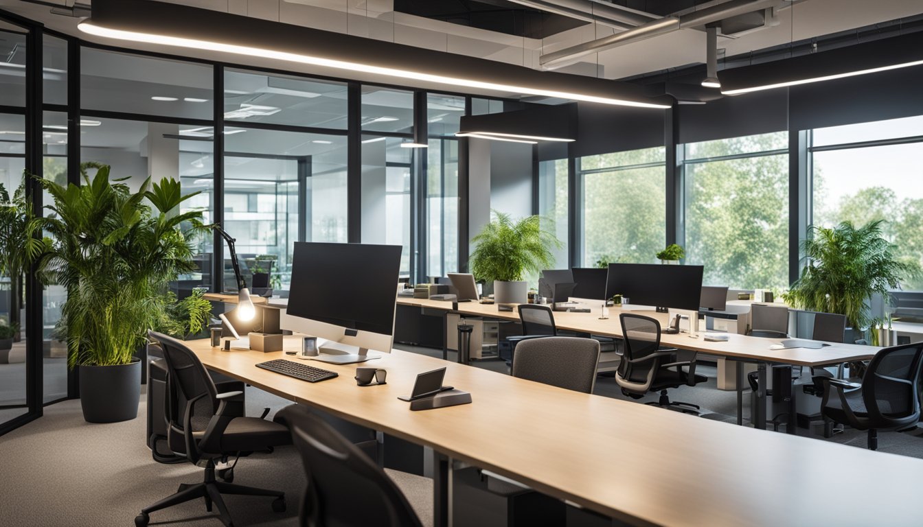 An office space with energy-efficient green lighting solutions, including LED bulbs and natural light from large windows