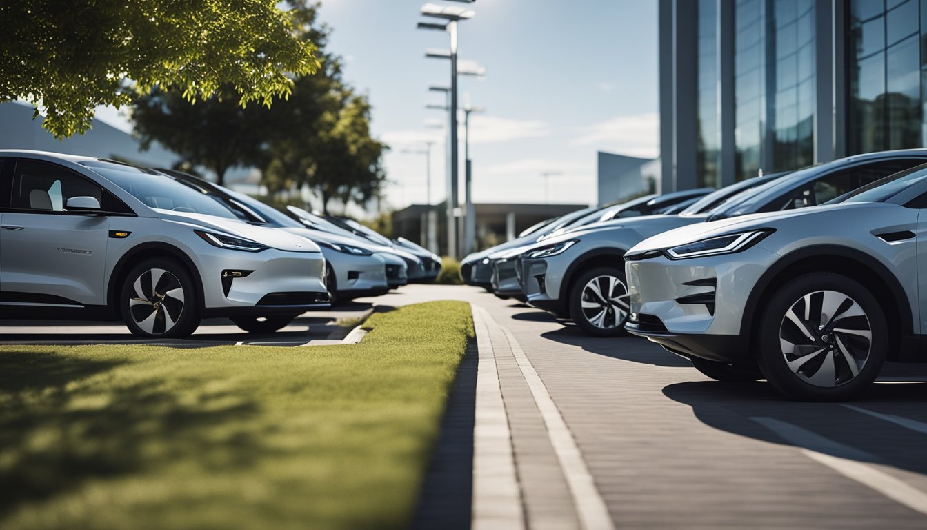 A fleet of electric vehicles parked in front of a business headquarters, with charging stations and solar panels visible in the background