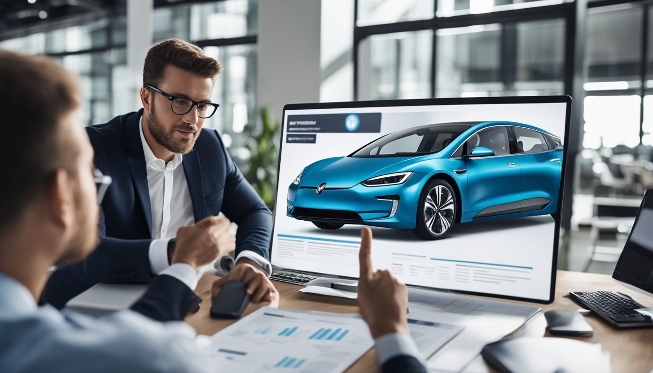 An office manager discussing electric vehicle options with a group of employees, while pointing to a chart of frequently asked questions