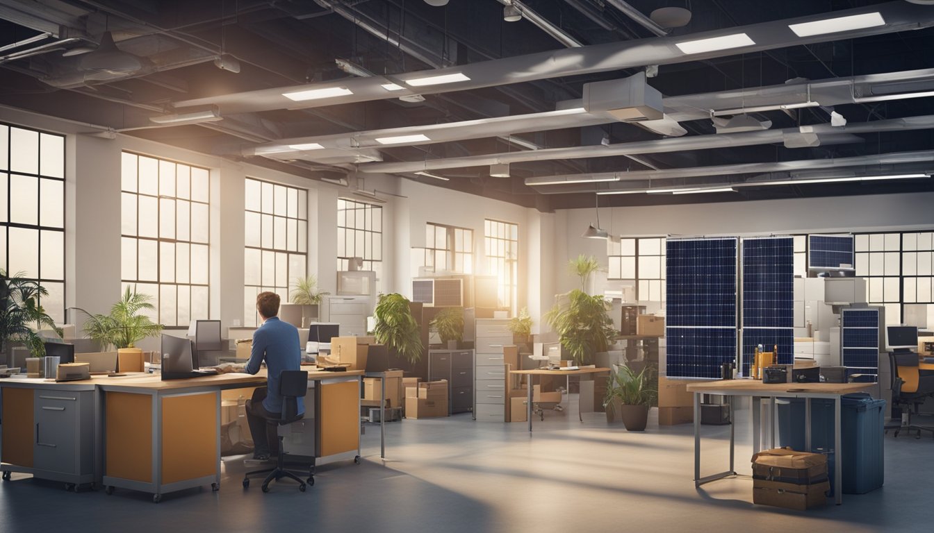 A small business workshop with solar panels on the roof, employees using energy-efficient equipment, and recycling bins throughout the office