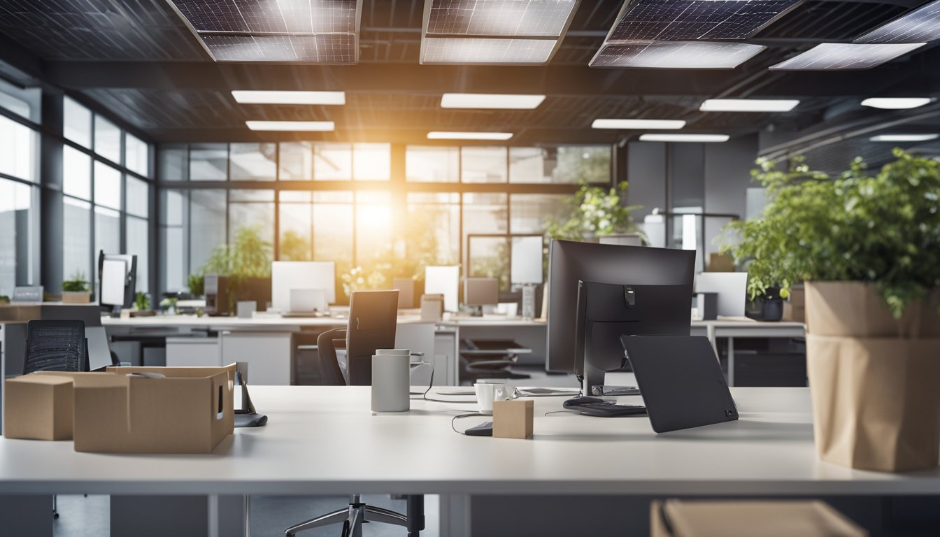 A small business office with eco-friendly technology: solar panels on the roof, energy-efficient lighting, and recycling bins throughout the workspace