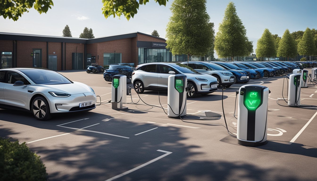 A small UK business with multiple electric vehicles parked outside, with innovative EV charging stations installed in the parking lot