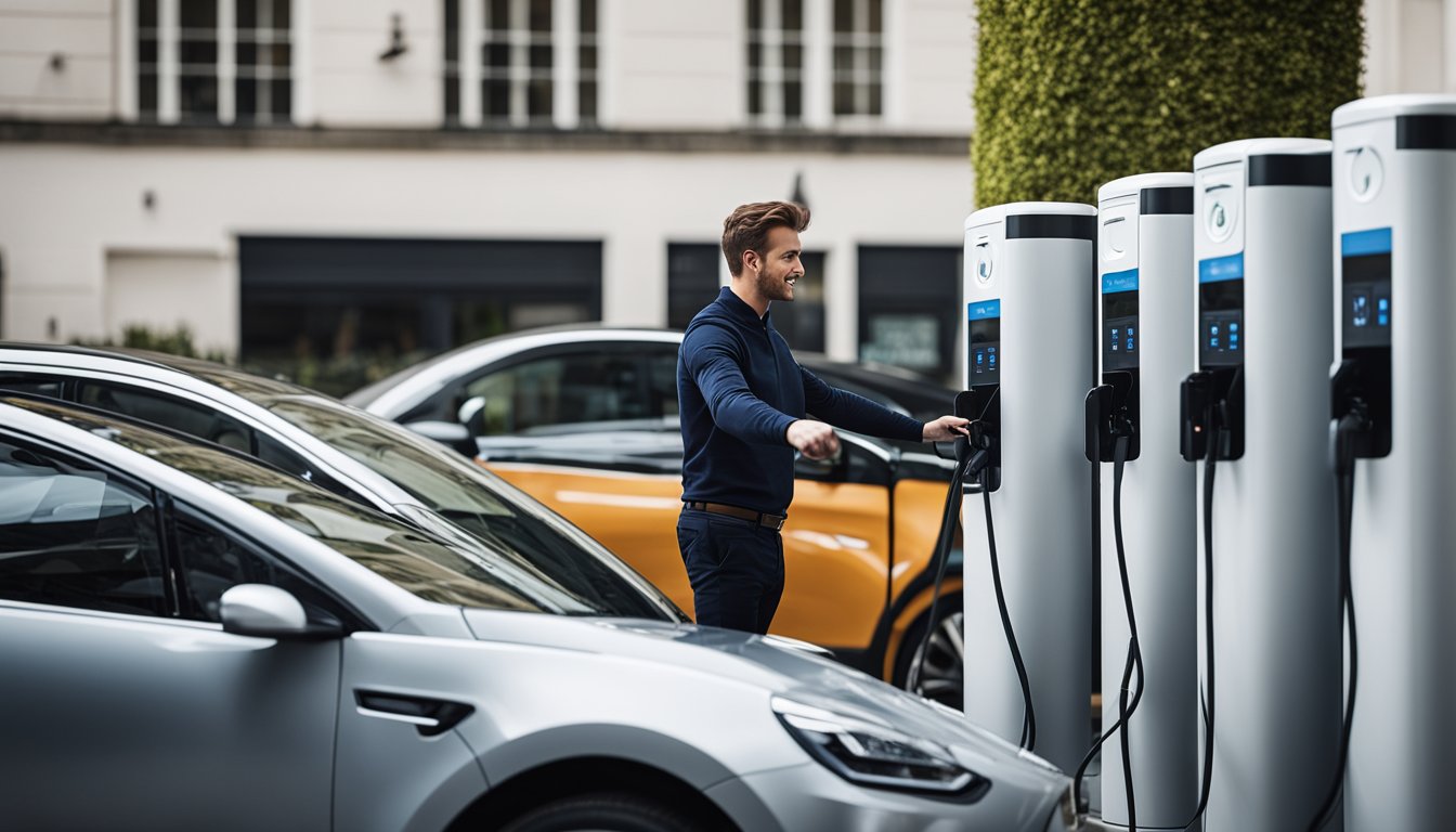 A small UK business owner standing next to an electric vehicle charging station, with a line of EVs waiting to charge