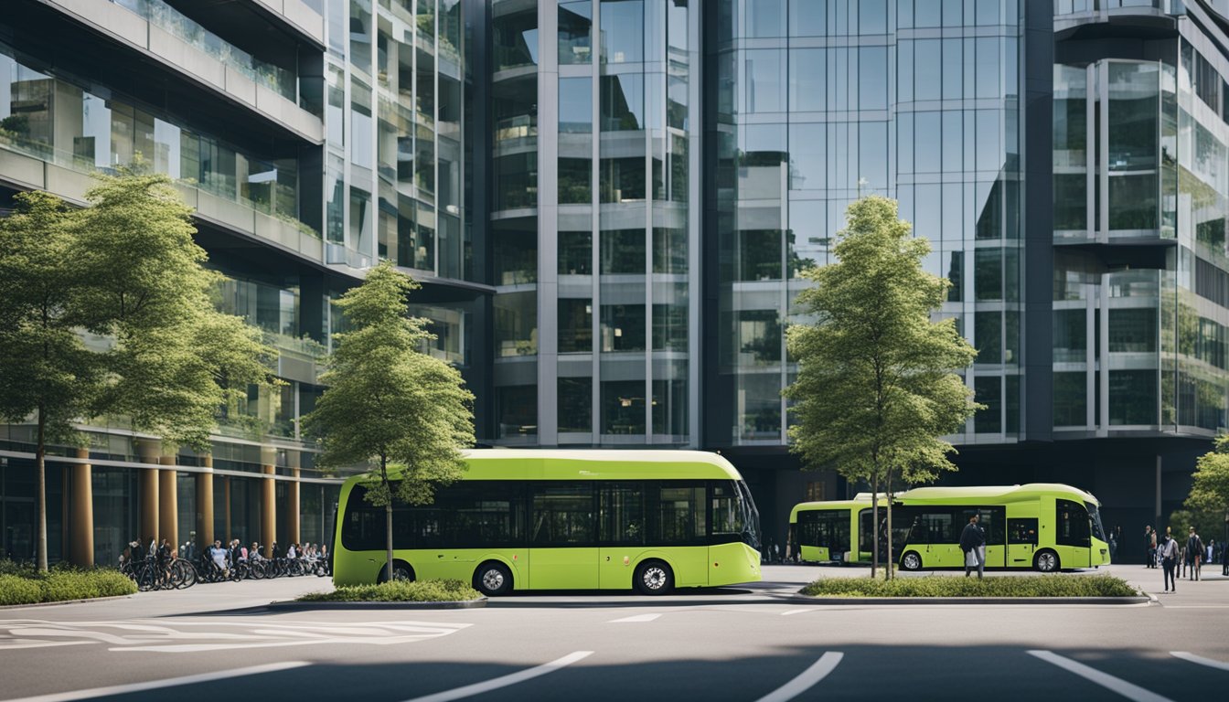 An urban office building surrounded by green spaces and bike lanes, with electric buses and car-sharing stations nearby