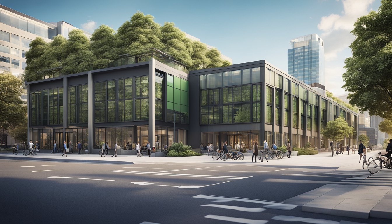 An urban office building with green commuting options such as bike racks, electric car charging stations, and a designated carpool drop-off area