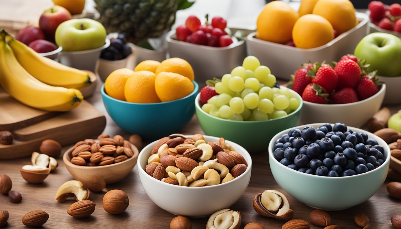 A colorful array of fresh fruits, nuts, and reusable containers displayed on a wooden table in a bright, modern office setting