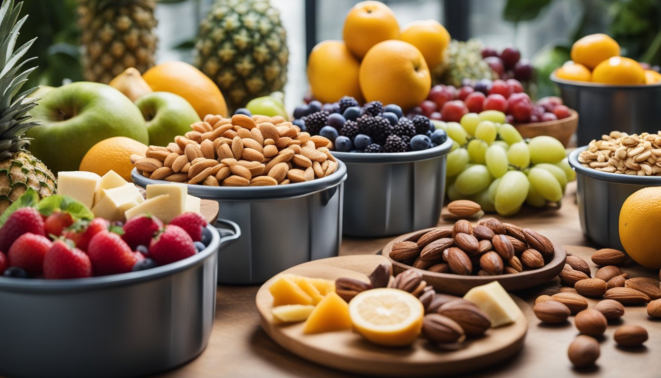 A table with an assortment of fresh fruits, nuts, and reusable containers filled with organic snacks. A recycling bin is nearby