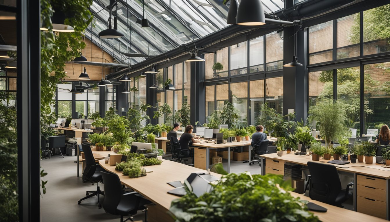 A bustling office in the UK, with employees working in a bright, open space surrounded by lush green plants and recycling bins. Solar panels line the roof, and a communal garden is visible outside the windows