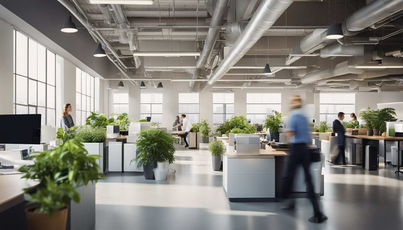 A bustling office space with recycling bins, energy-efficient lighting, and indoor plants. Employees are seen using reusable water bottles and coffee mugs