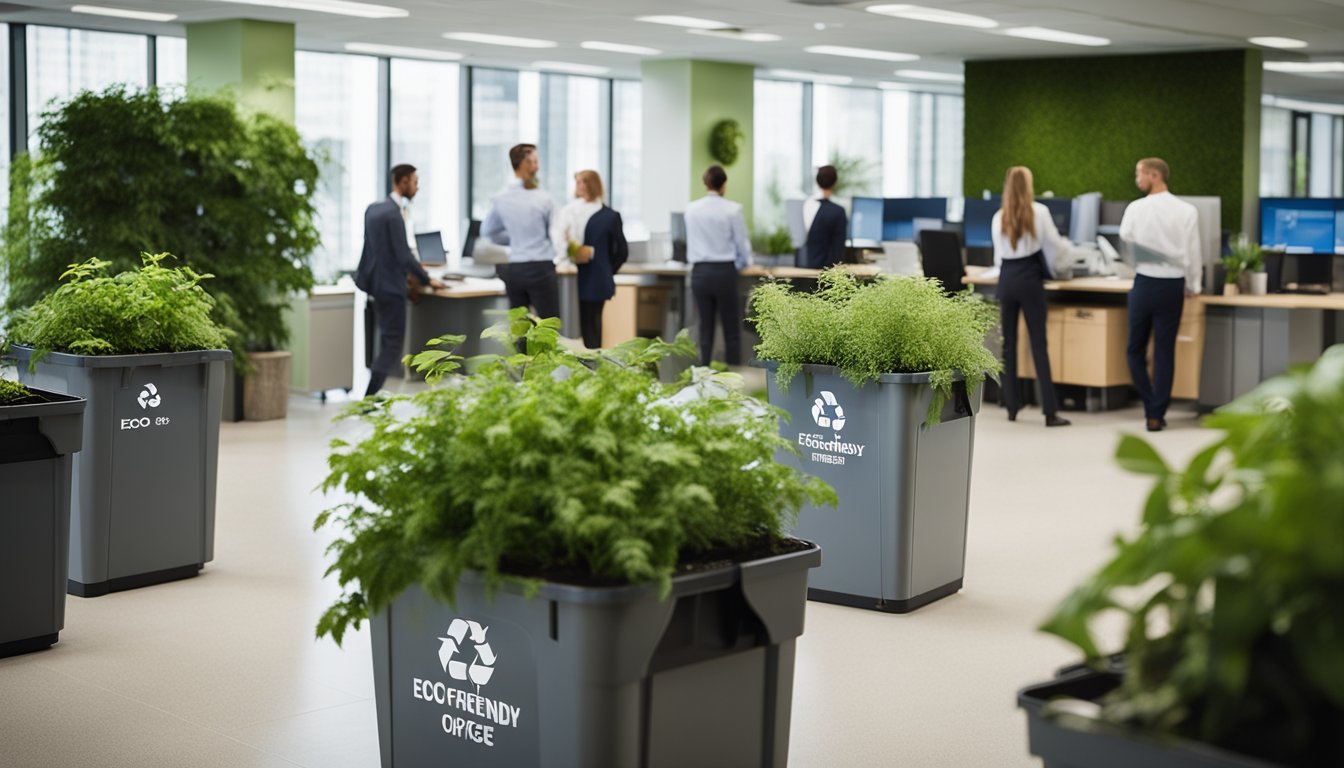 A bustling office with employees using recycling bins, energy-efficient lighting, and green plants throughout the space. A sign promoting eco-friendly practices hangs on the wall