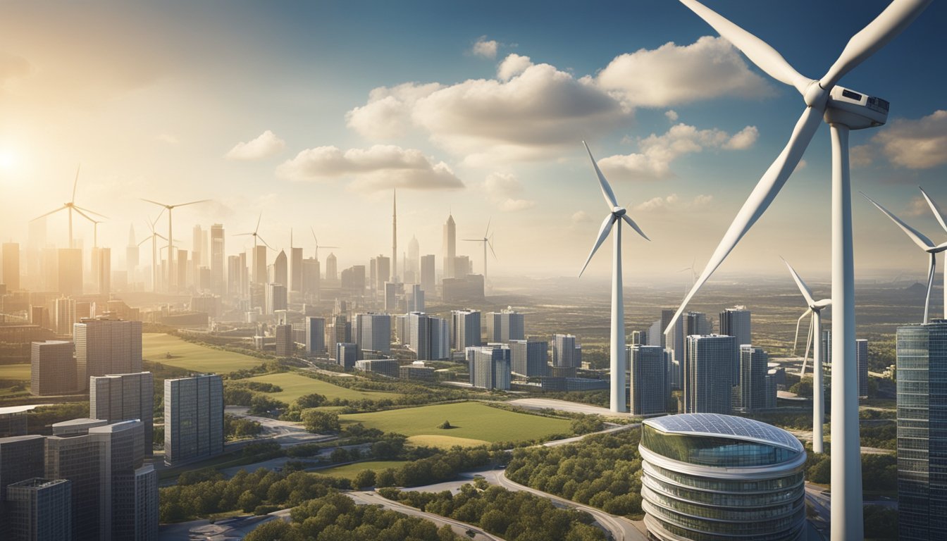 A bustling cityscape with modern buildings and clean energy infrastructure, including wind turbines and solar panels