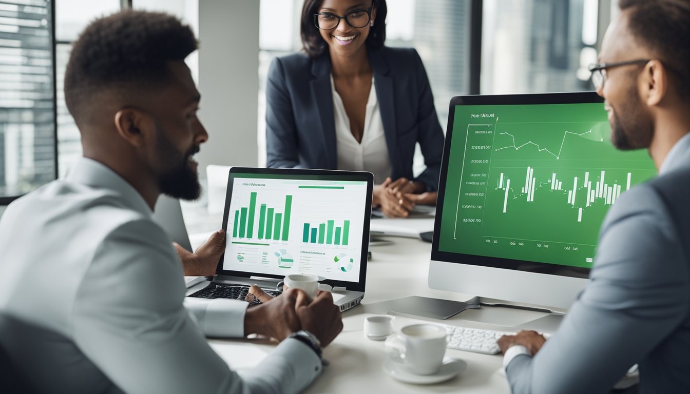 A group of diverse business owners gather around a table, discussing green financing options. Charts and graphs adorn the walls, showcasing various innovative strategies