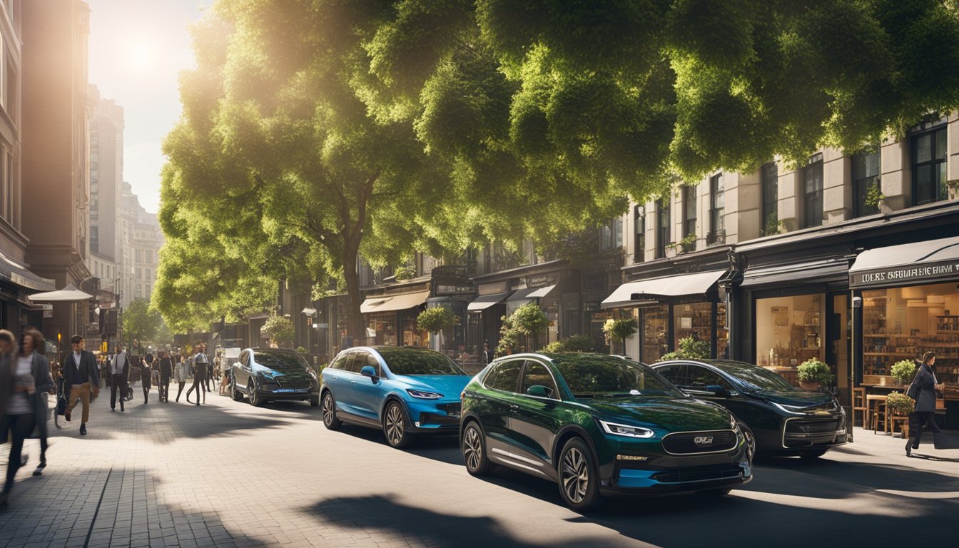 A bustling city street with eco-friendly businesses, solar panels, and recycling bins. Pedestrians walk past electric vehicles and greenery-filled storefronts