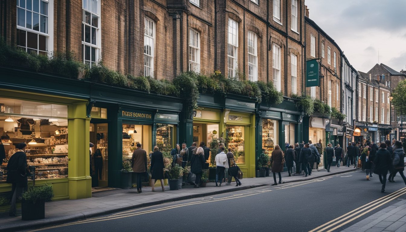 A bustling UK city street with eco-friendly businesses, customers, and workers engaging in sustainable practices and products