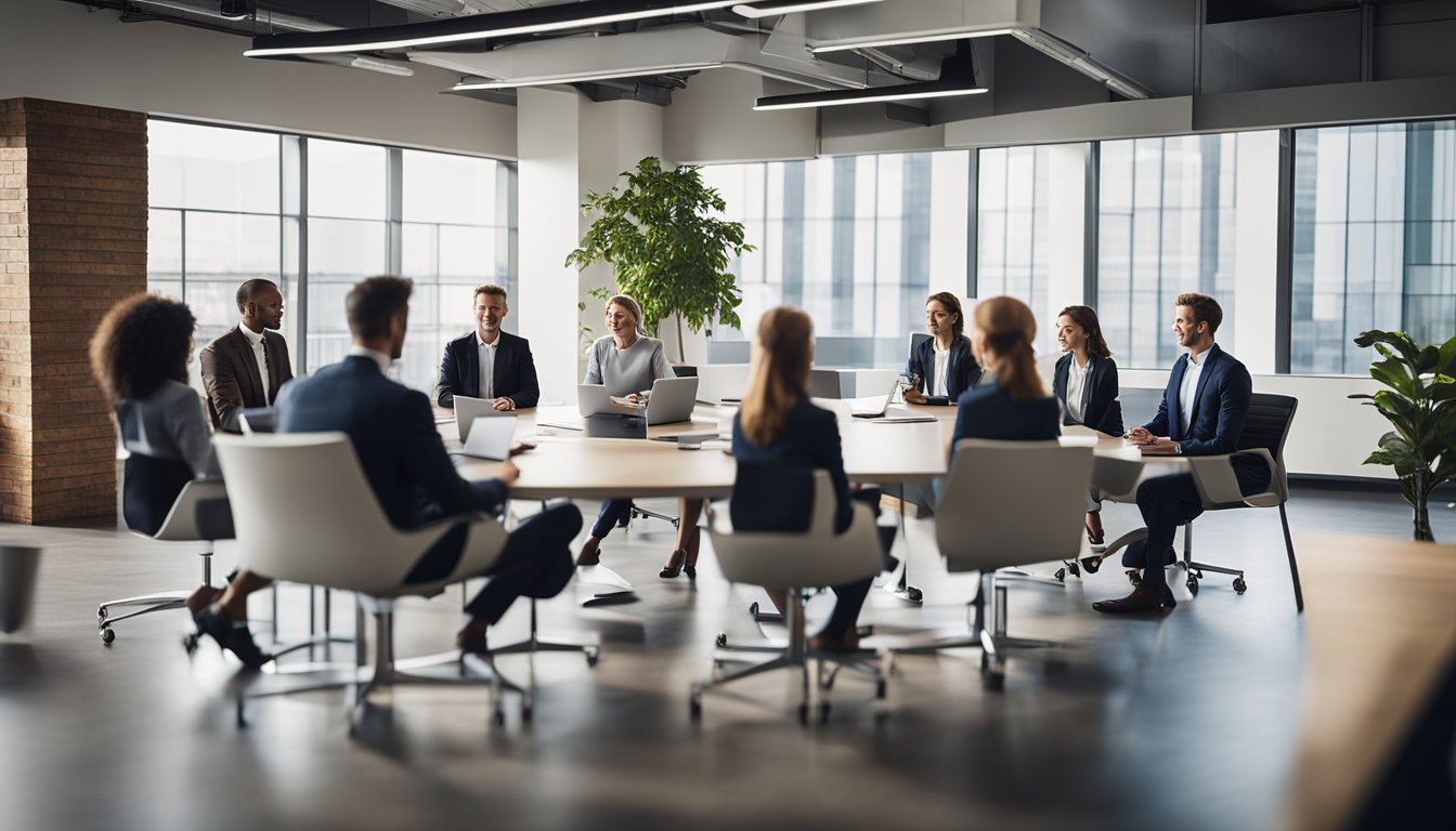 A group of UK business professionals gather in a modern, sustainable meeting space with eco-friendly features such as natural lighting, recycling bins, and energy-efficient technology