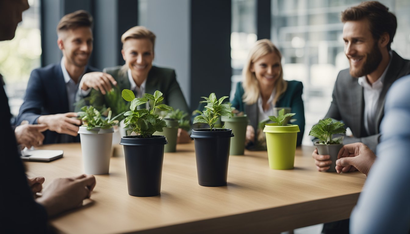 A group of UK business professionals gather around a table, using reusable cups and discussing sustainable resource practices. A recycling bin and potted plants are visible in the background