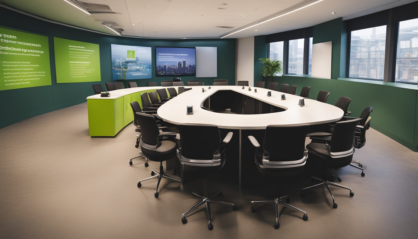 A group of diverse UK businesses gather in a modern, eco-friendly meeting space. Recycling bins, energy-efficient lighting, and sustainable materials are visible throughout the room