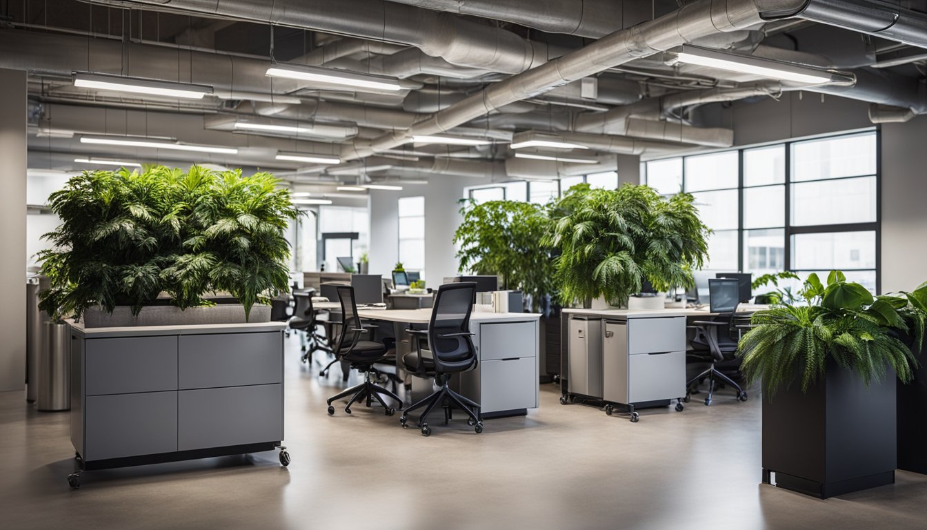 An open-plan office with energy-efficient lighting, recycling bins, and indoor plants. A bike rack and electric car charging station are visible outside