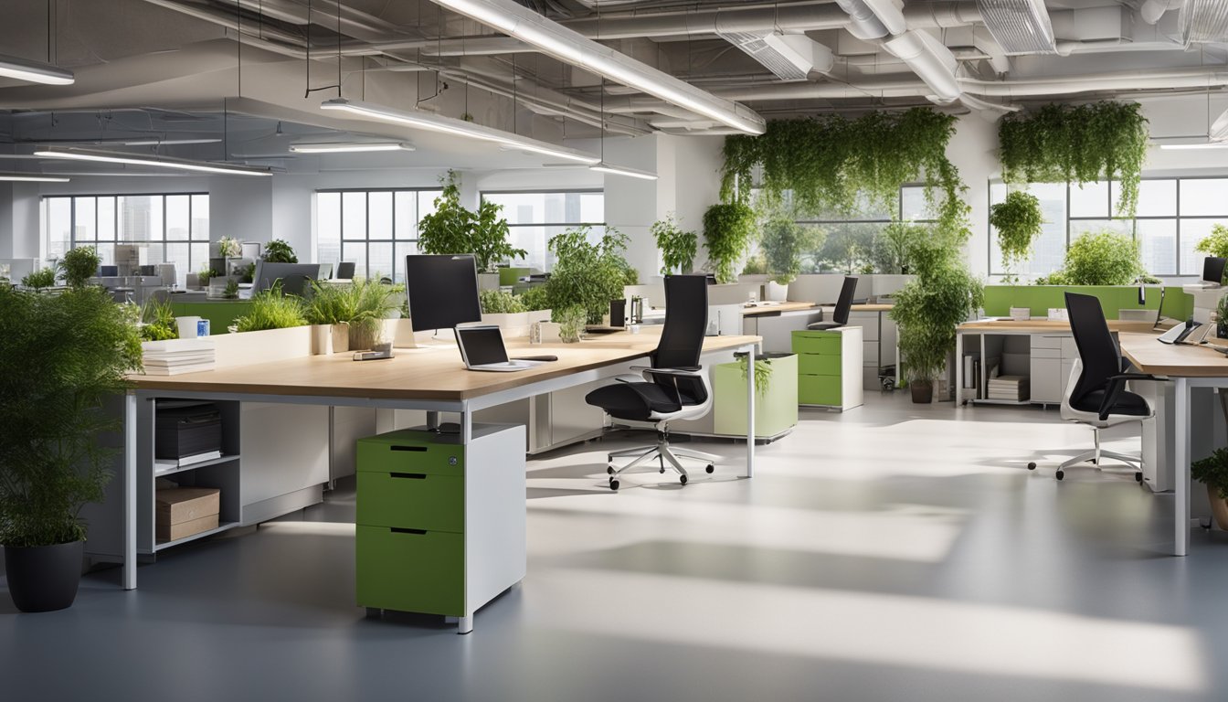 An open-plan office with natural light, recycling bins, and energy-efficient appliances. Plants and greenery are integrated throughout the space