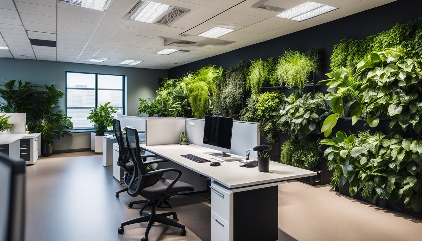 An office space with eco-friendly upgrades: LED lighting, recycling bins, energy-efficient appliances, and indoor plants