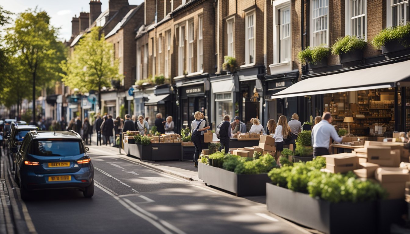 A bustling UK city street with eco-friendly businesses, solar panels, and recyclable packaging