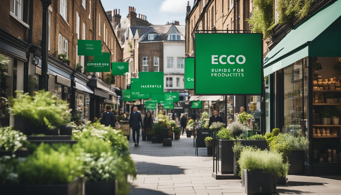 A bustling city street with a row of UK businesses displaying eco-friendly products and signage. A vibrant green color scheme and nature-inspired elements throughout the scene