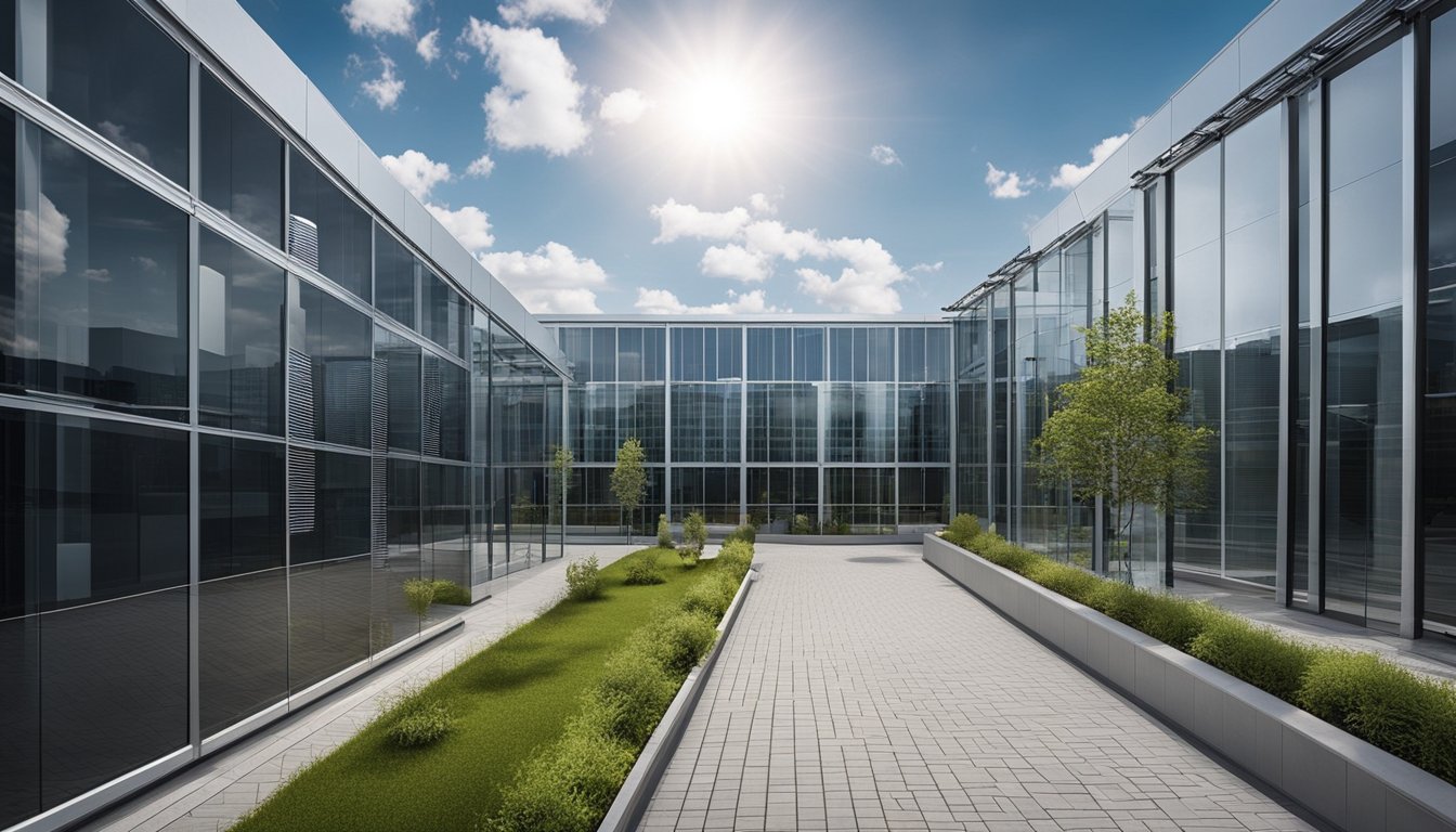 A modern office building with solar panels on the roof, LED lighting, and smart energy meters monitoring electricity usage