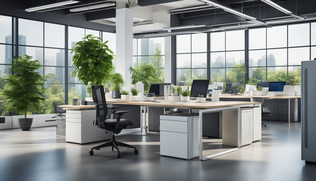 A modern office with energy-efficient appliances and devices, surrounded by greenery and renewable energy sources